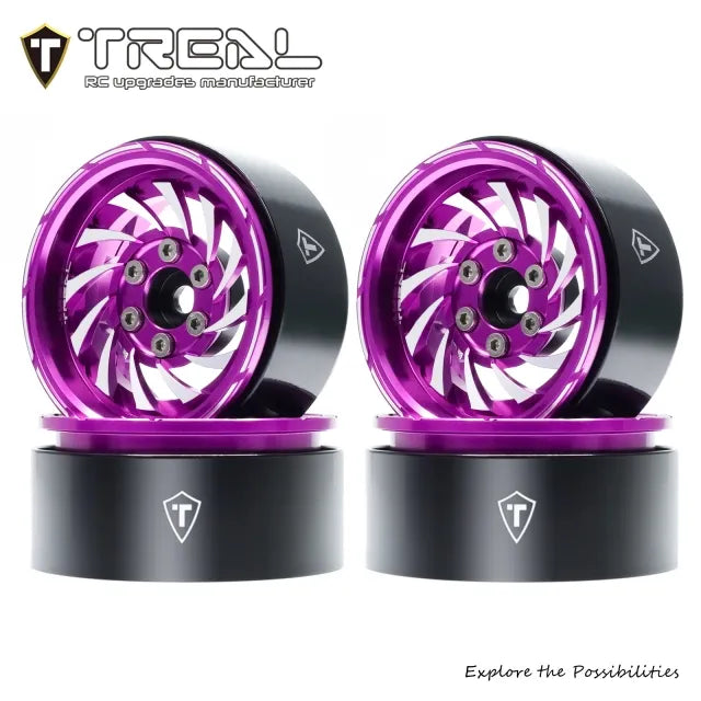 TREAL 1.9 Beadlock Wheels - Cyclone Style CNC Machined Aluminum Rims (4-Pack) Pink/Purple for 1/10 RC Crawlers TRX4, SCX10 III, and Ascent