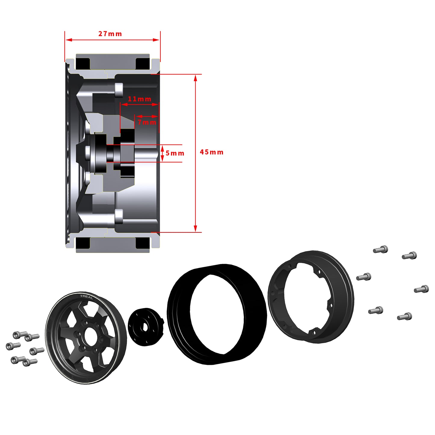 TREAL 1.9" Aluminum Beadlock Wheels (4) Scale-Look Concave Six Spoke Rim Crawler Wheels for 1/10 RC Trucks-Type H