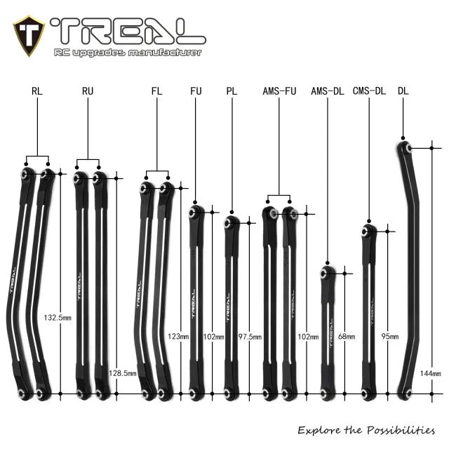 TREAL SCX10 PRO Links Set Aluminum 7075 CNC Machined Lower Upper Steering Linkages (13pcs) Upgrades Parts