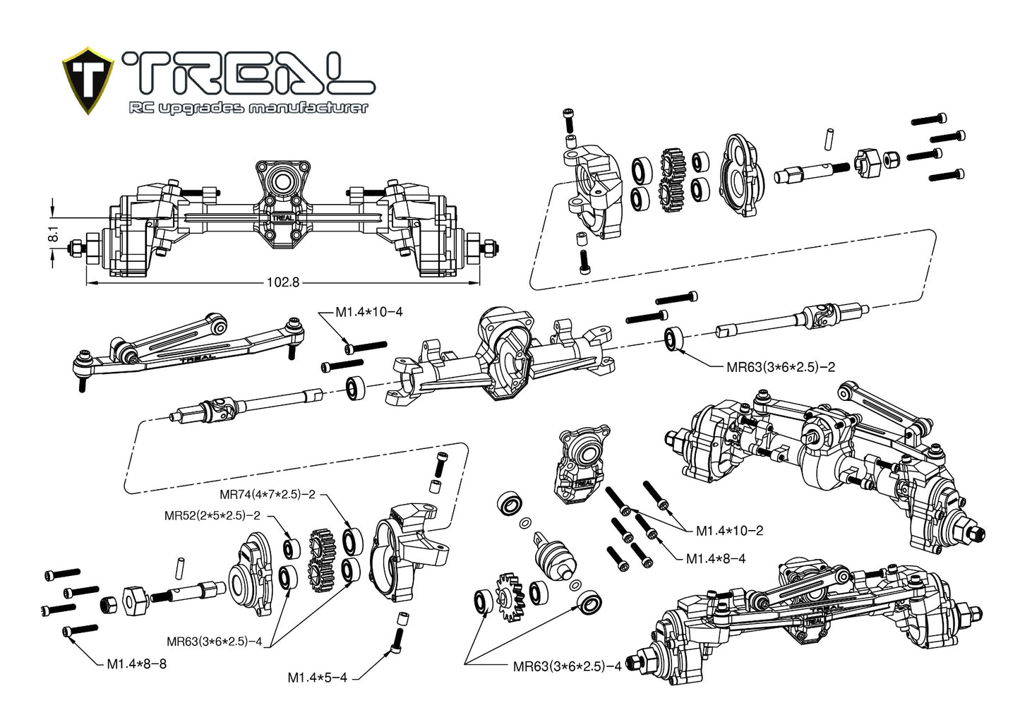 TREAL SCX24 Front Portal Axles Complete Kit CVD shaft,Aluminum 7075 CNC Machined Axle Housing for Axial 1/24 SCX24