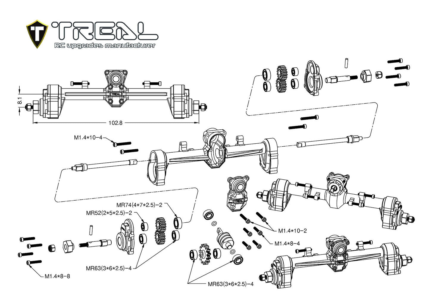 TREAL SCX24 Rear Portal Axles Complete Kit, Aluminum 7075 CNC Machined Axle Housing for Axial 1/24 SCX24