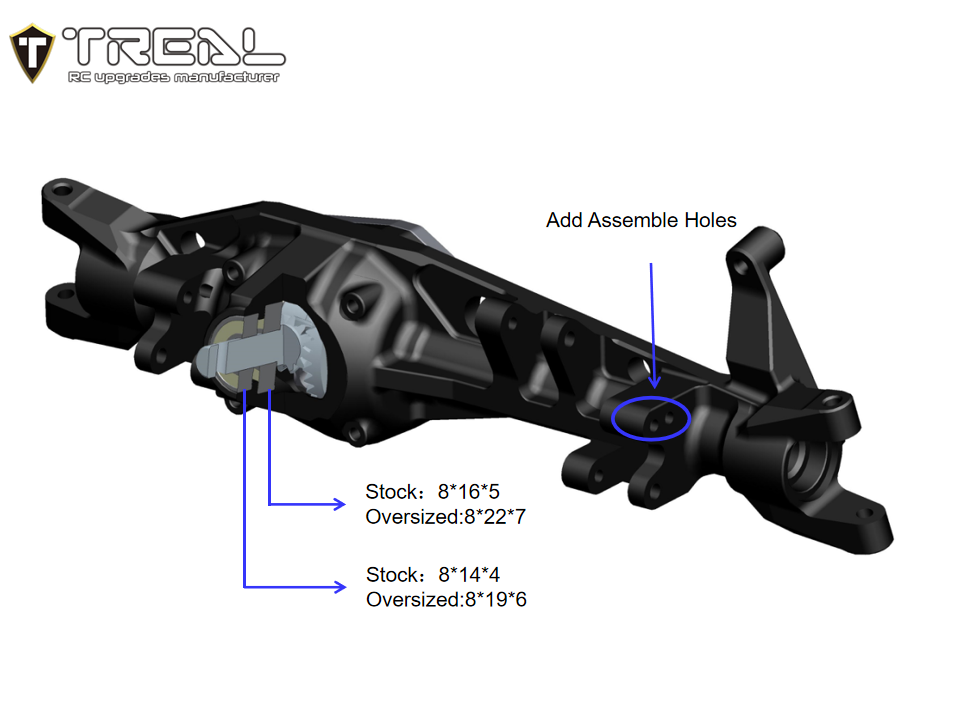TREAL SCX6 Front Axle Housing One Piece CNC Billet Machined Aluminum 7075 for Axial SCX6 Upgrades AR90 Front Axle