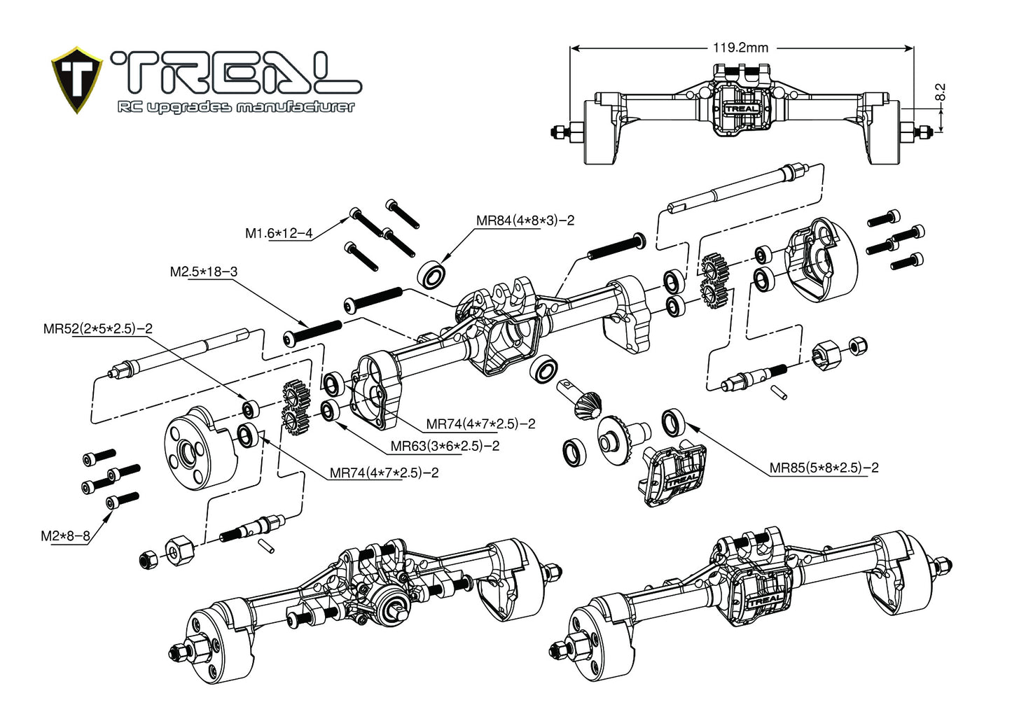 TREAL TRX4M Rear Portal Axles Complete Kit Aluminum 7075 CNC Machined Axle Housing for 1/18 TRX-4M TRX4MT