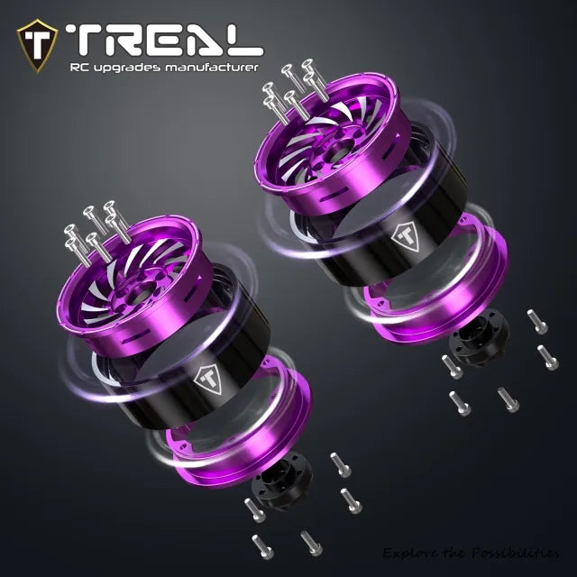 TREAL 1.9 Beadlock Wheels - Cyclone Style CNC Machined Aluminum Rims (4-Pack) Pink/Purple for 1/10 RC Crawlers TRX4, SCX10 III, and Ascent