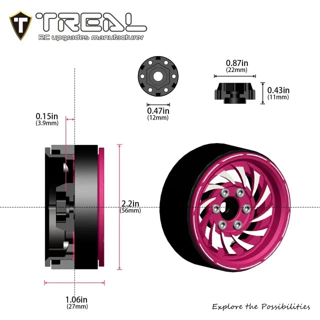 TREAL 1.9 Beadlock Wheels - Cyclone Style CNC Machined Aluminum Rims (4-Pack) Pink/Purple for 1/10 RC Crawlers TRX4, SCX10 III, and Ascent