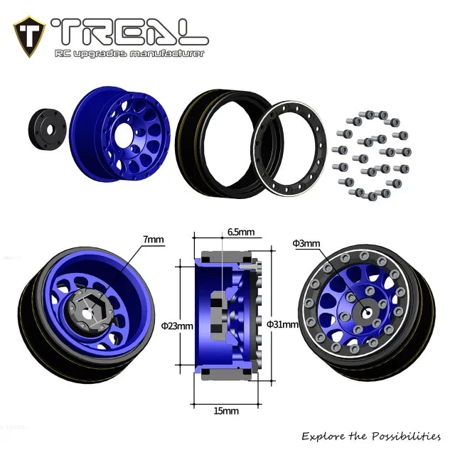 TREAL 1.0 Beadlock Wheels 12 Spokes Classic Rims (4P) for SCX24 AX24 FCX24 TRX4M 1/24 1/18 Crawler Car-Type I