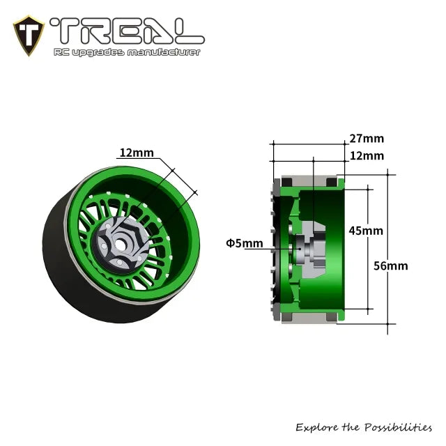 TREAL 1.9" Beadlock Wheels (4) Aluminum CNC Machined Multi Spokes Wheel Heavy Ring for SCX10 III TRX4 D90 1:10 RC Cars --Type K