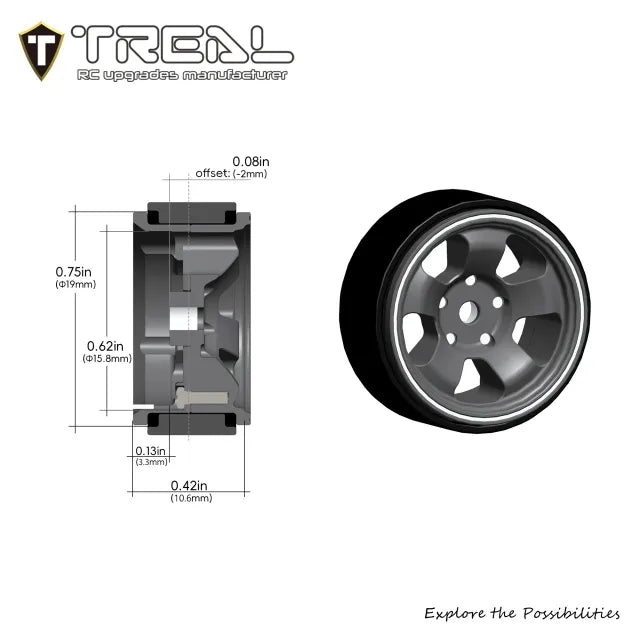 TREAL Aluminum Beadlock Wheels (4P) 5-spoke 0.7'' Wheel for Axial SCX30-Type B