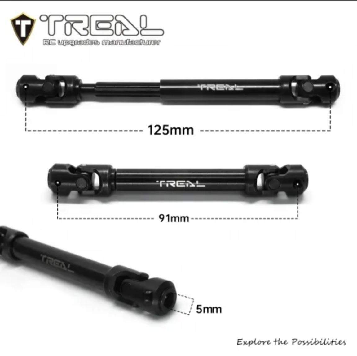TREAL Harden Steel Driveshafts (2) 91-125mm Universal Center Drive Shaft Upgrades for Axial 1/10 SCX10 III Capra