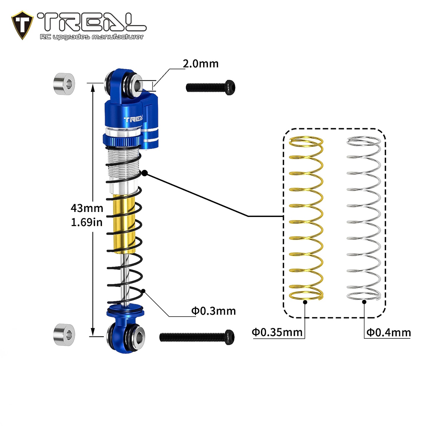 TREAL FCX24 Shocks 43mm Threaded Tele Double Barrel Shocks (4) for FMS 1/24 FCX24 Power Wagon