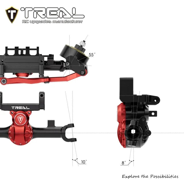 TREAL Vintage CNC 7075 Aluminum Axle Housings F/R for Axial SCX24, +5mm Widened & 55° Steering Angle Upgrade(V2)